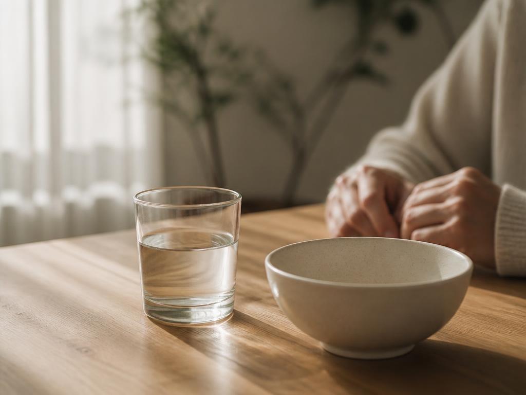 A glass of water and a small plain bowl on a sunlit dining table at home