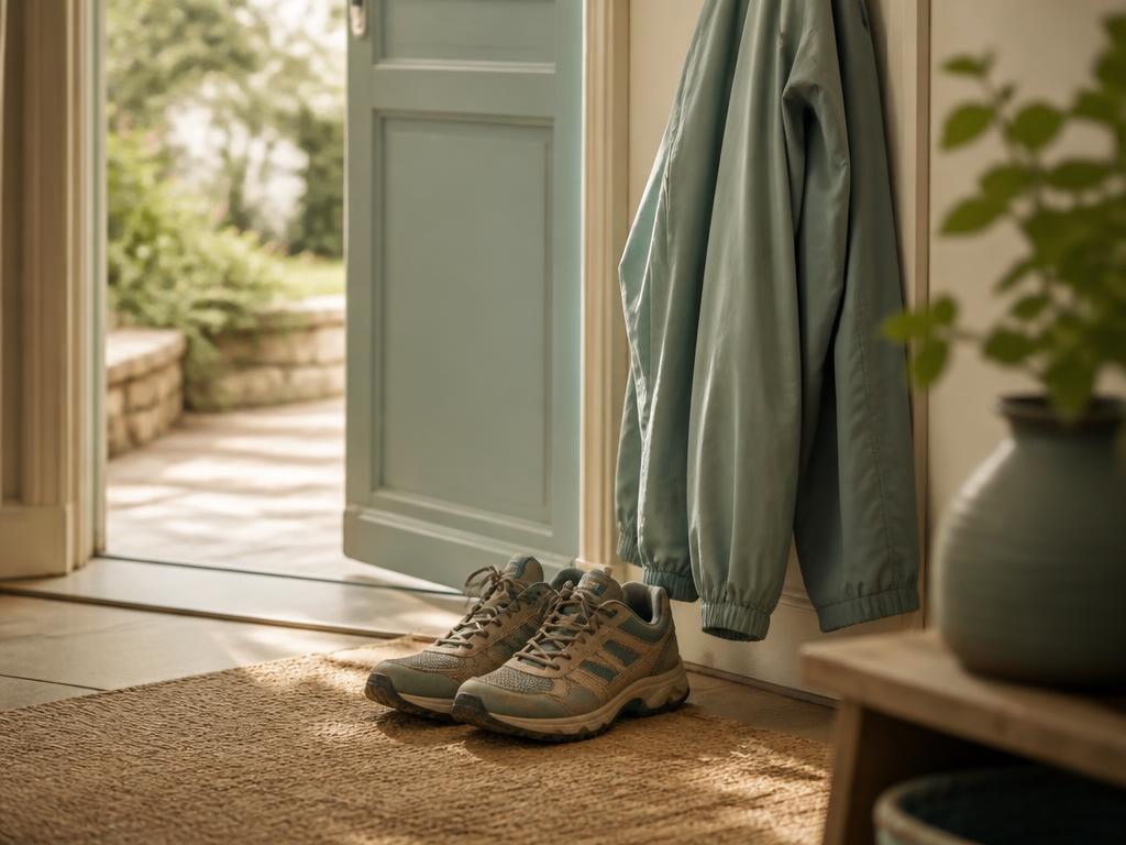 Everyday trainers and a light walking jacket by an open hallway door