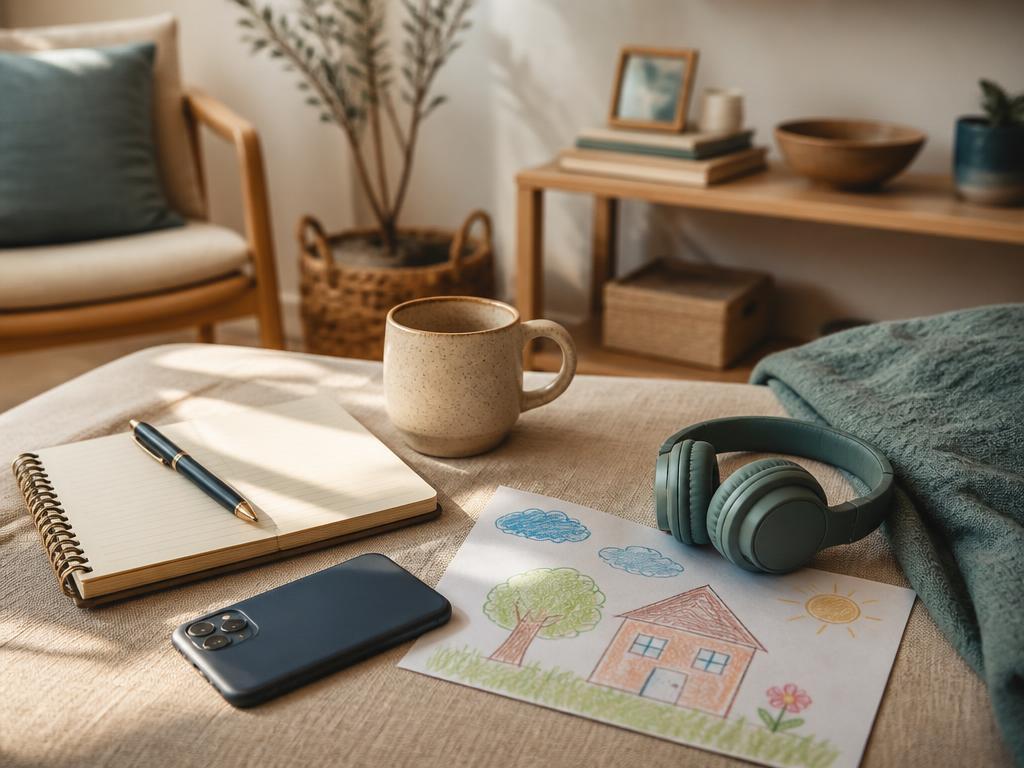 A notebook, mug, phone, child's drawing and headphones arranged on a linen surface
