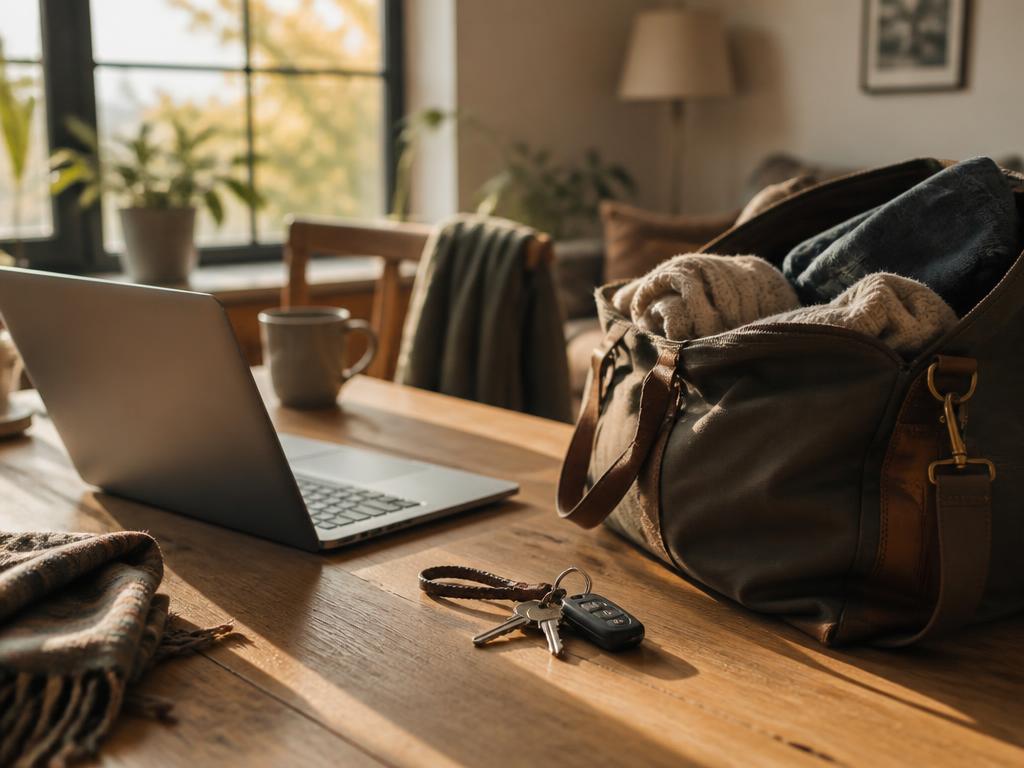 An open laptop, packed bag and keys on a warm wooden table by a window