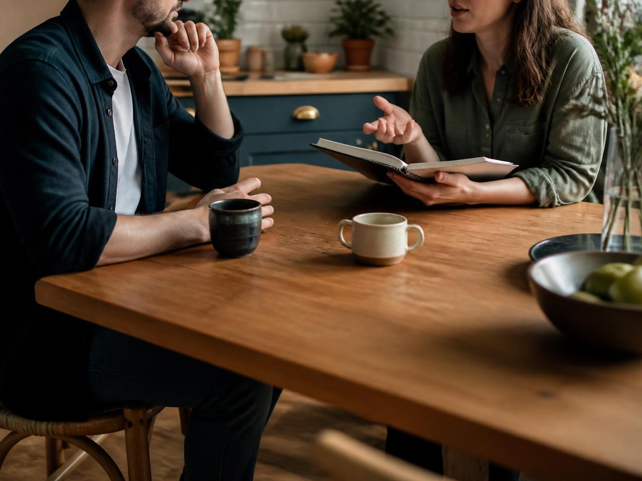 Two adults sitting at a kitchen table having a relaxed conversation with a notebook