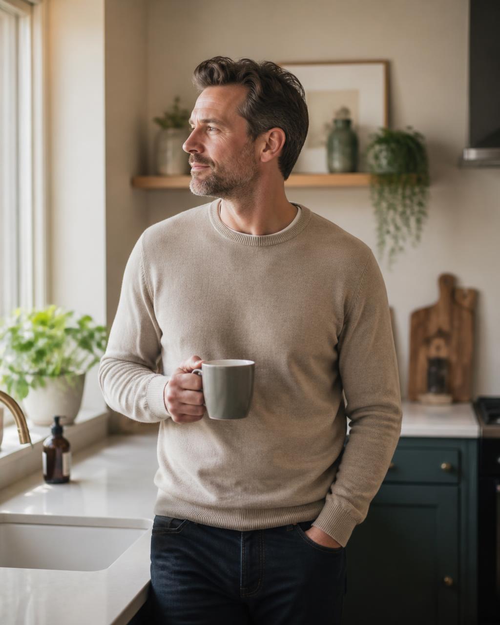 An adult standing at a sunlit home kitchen counter with a warm drink, thinking about the day ahead